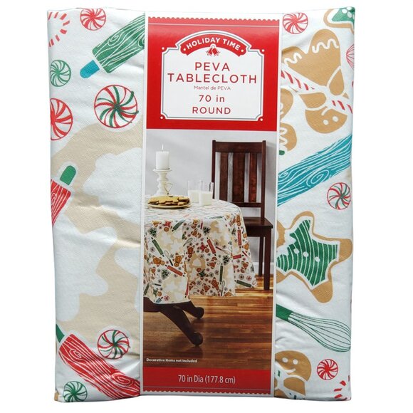 70" Round Vinyl Tablecloth Gingerbread Man & Candies Christmas Peva Holiday Time - Picture 1 of 6